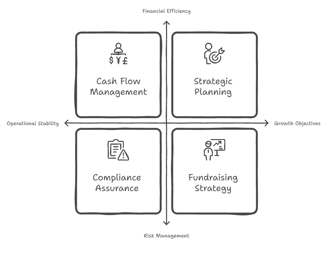 Cashflow Management, Strategic planning, Compliance assurance and Fundraising Strategy