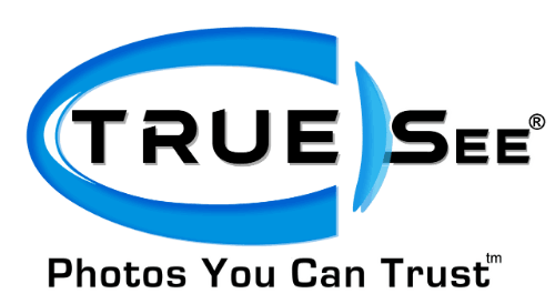 TRUE SEE logo with a blue curved arc surrounding the word 'TRUE' and the slogan 'Photos You Can Trust' below. Great for brand identity and trust messaging.
